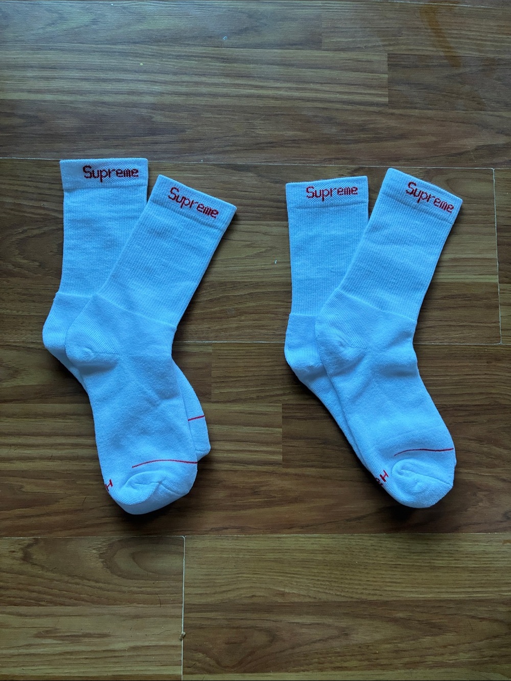 Supreme White Crew Socks with Red Logo